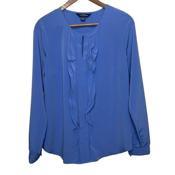 The Outfitters by Lands End Blue Long Sleeve Ruffle Neck Top Size 8 - Picture 1 of 9